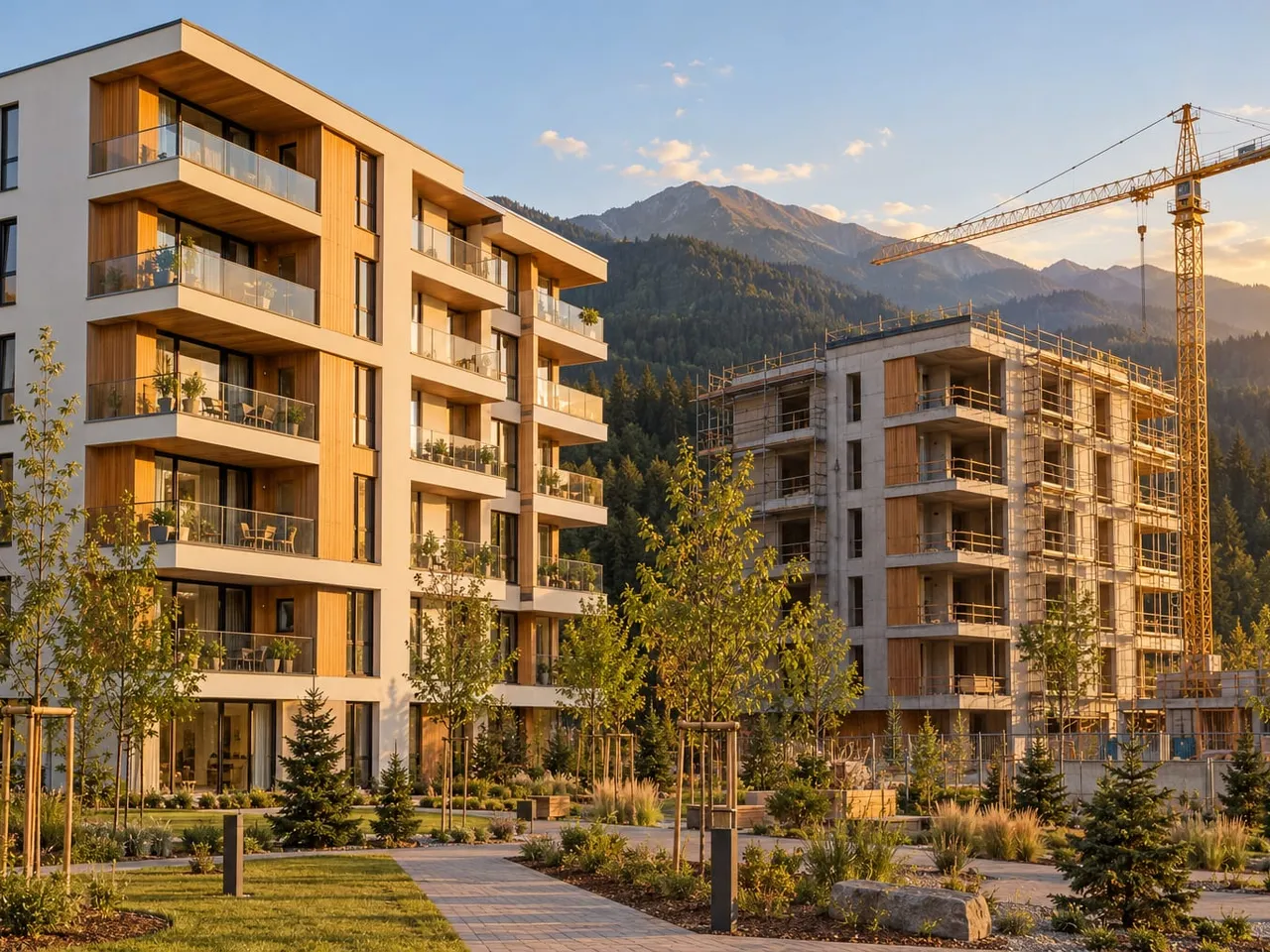 Un bloc nou, gata de mutare, lângă al doilea bloc al ansamblului, încă în construcție, cu munții în spate