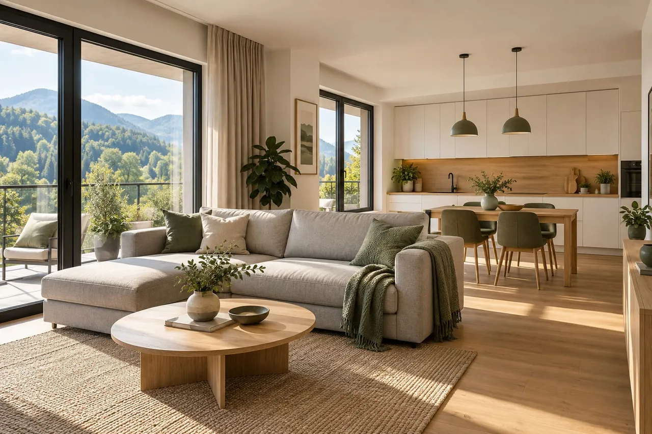 Living cu bucătărie deschisă, canapea gri și ușă de balcon spre munții împăduriți