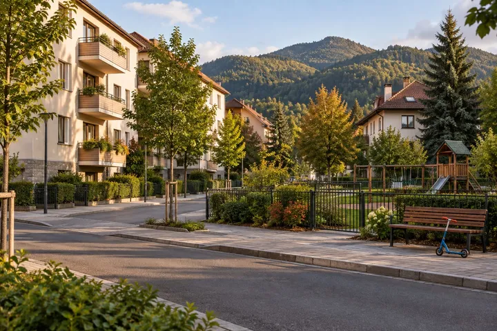 Stradă liniștită cu blocuri mici, case, loc de joacă și dealuri împădurite în spate
