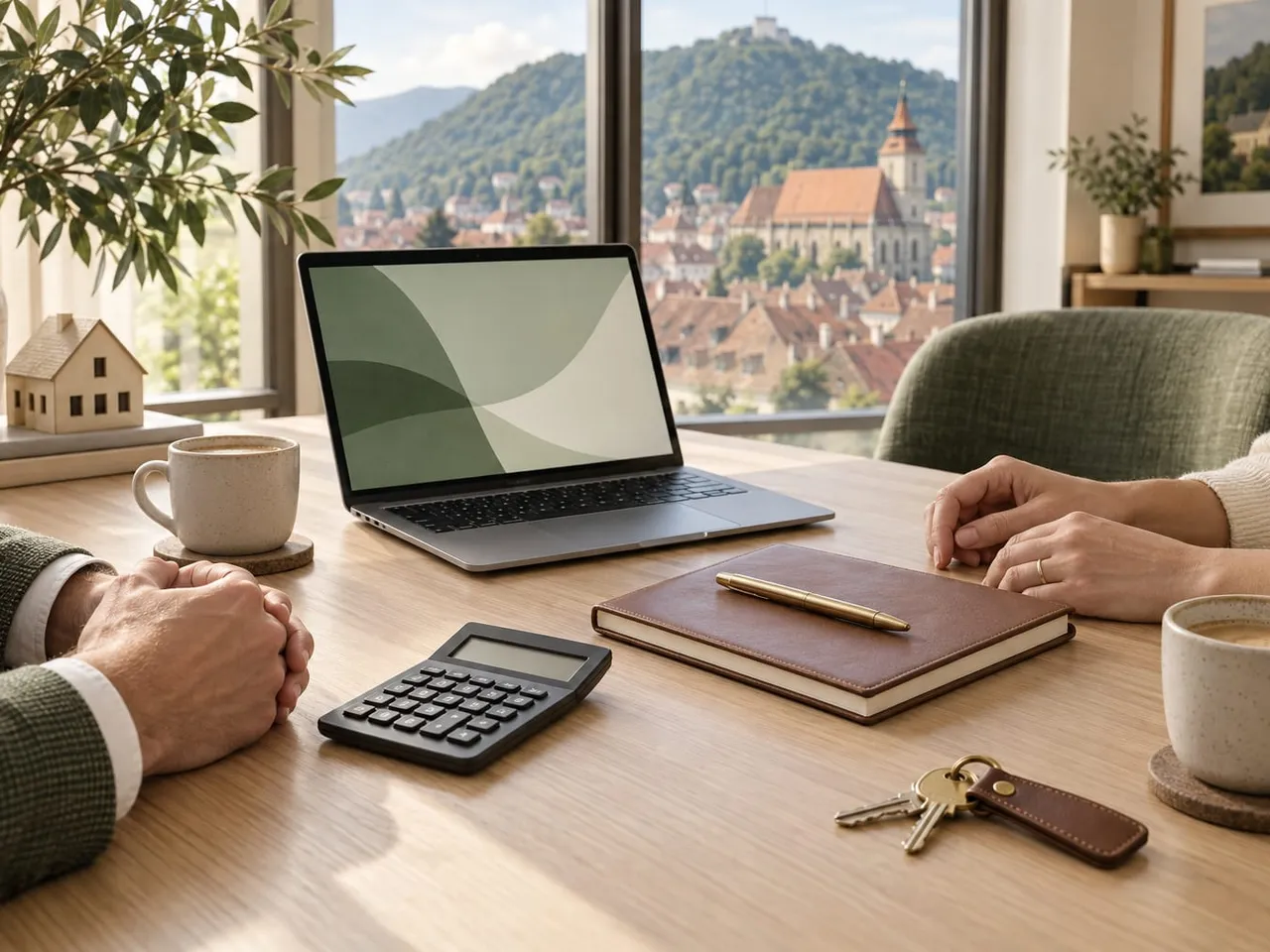 Masă de consultanță cu un laptop, un calculator, o agendă de piele, cheile unei case și două cești de cafea