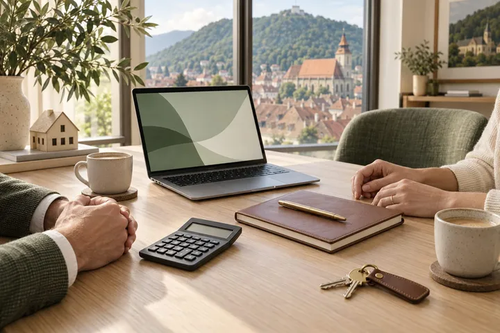 Masă de consultanță cu un laptop, un calculator, o agendă de piele, cheile unei case și două cești de cafea