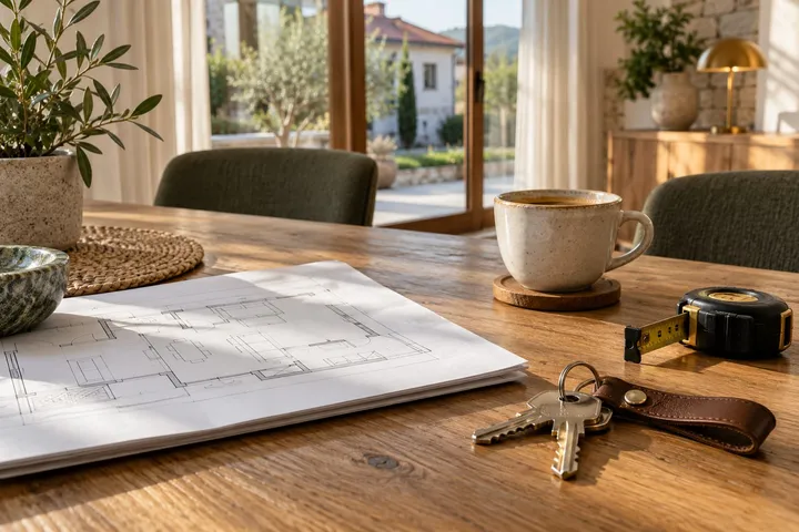 Chei de casă, un plan de apartament și o ruletă pe o masă de stejar