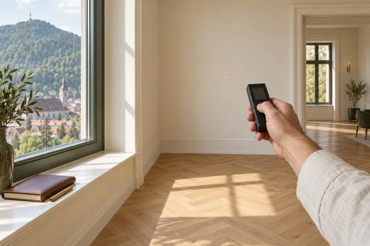 Mâna unui agent măsoară cu telemetrul laser peretele unei camere goale și luminoase