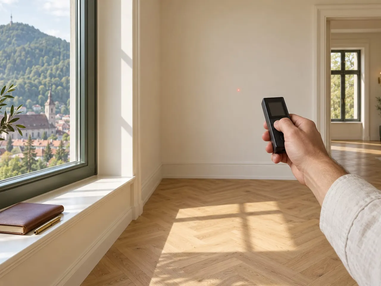 Mâna unui agent măsoară cu telemetrul laser peretele unei camere goale și luminoase