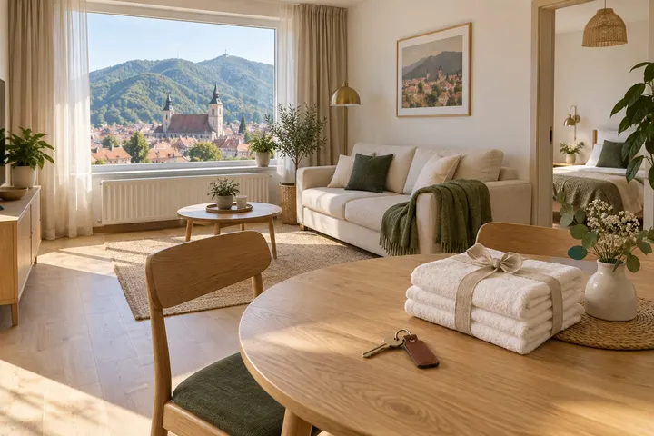 Apartament curat și mobilat, pregătit pentru chiriaș, cu cheile și prosoapele pe masă și Biserica Neagră în fereastră