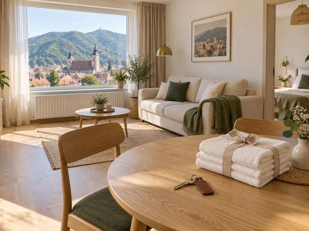 Apartament curat și mobilat, pregătit pentru chiriaș, cu cheile și prosoapele pe masă și Biserica Neagră în fereastră