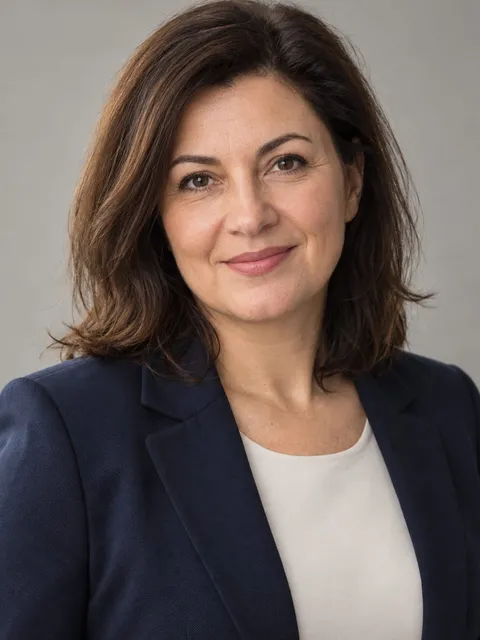 Portret al Irinei Vlădescu, cu sacou bleumarin, zâmbind, pe fundal gri
