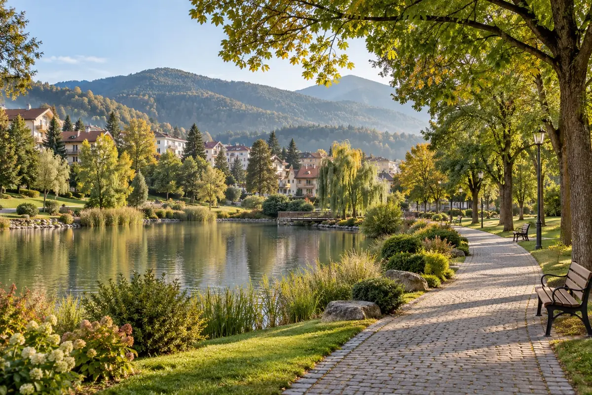 Alee pe malul unui lac, cu sălcii și bănci, într-un parc de cartier la poalele muntelui