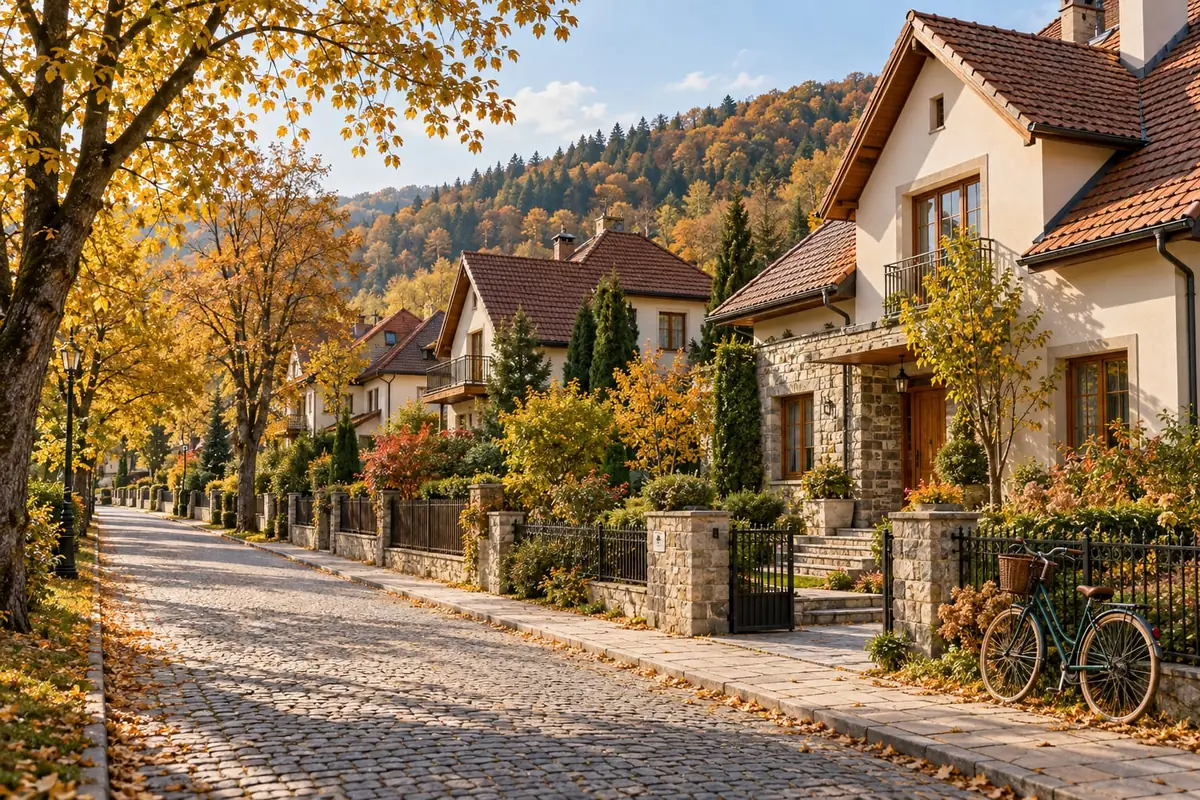 Stradă pavată cu case și curți îngrijite, toamna, cu dealuri împădurite în spate